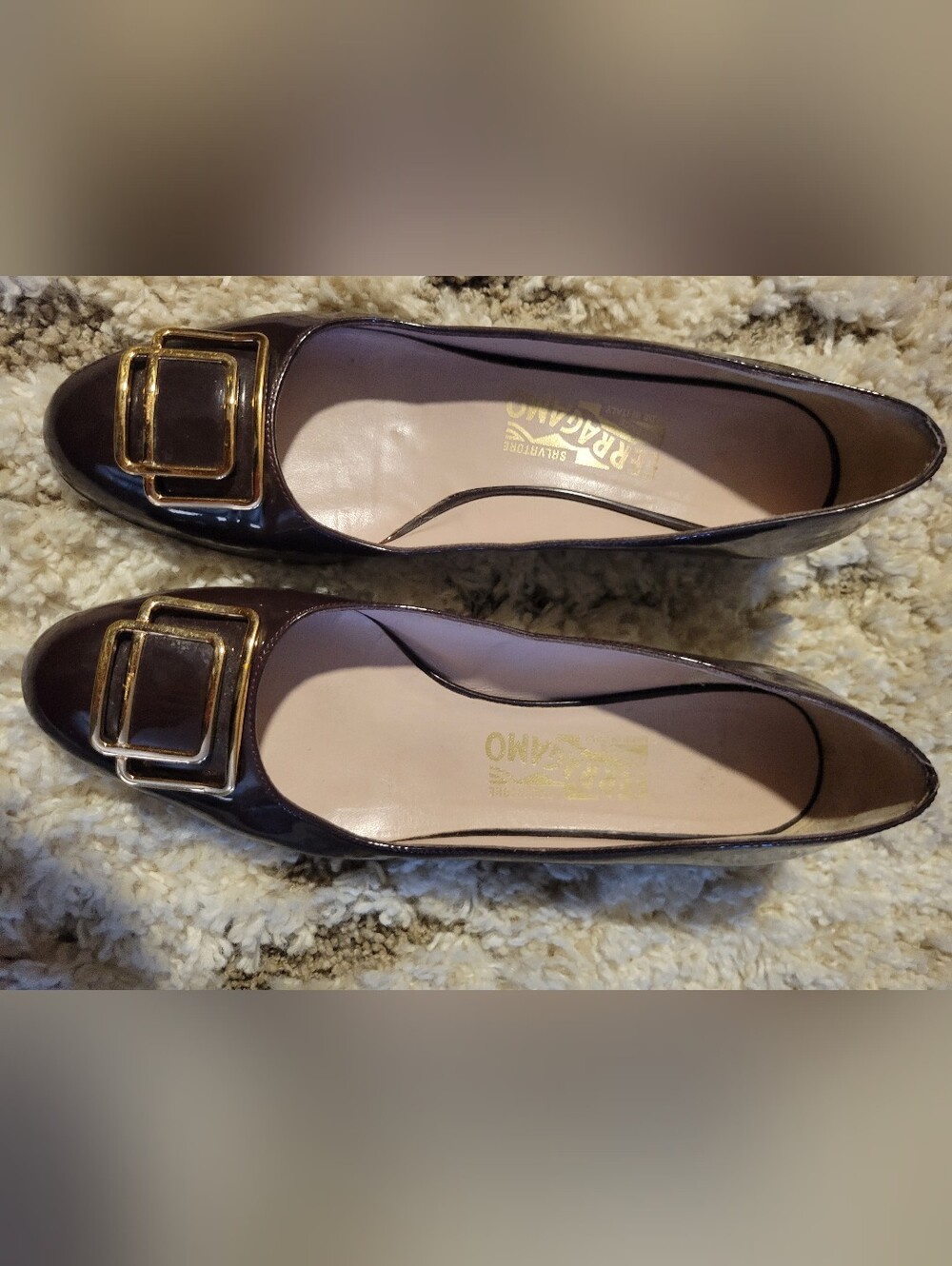 Salvatore Ferragamo Dark Brown Patent Leather Flats with Gold Buckle - Picture 13 of 16